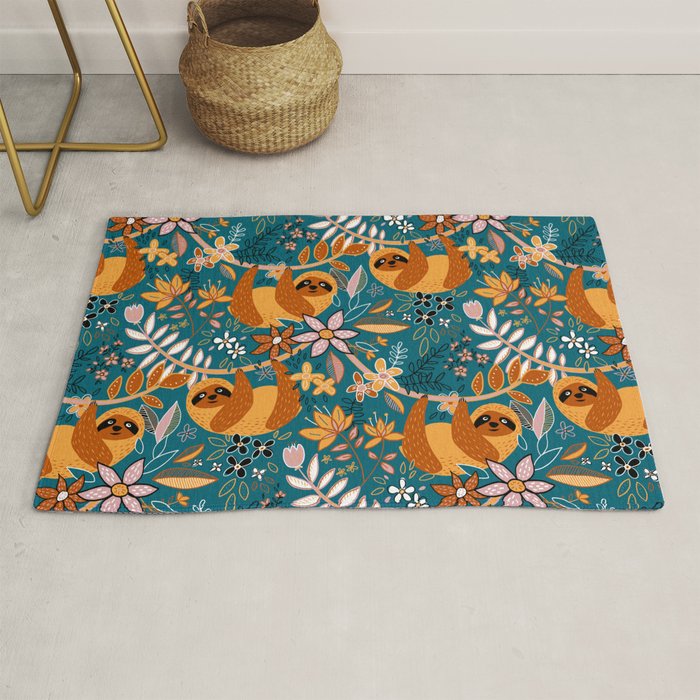 Happy Boho Sloth Floral Rug Gallery Image 1