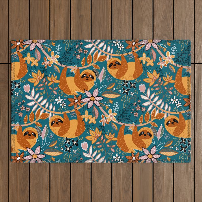 Happy Boho Sloth Floral Outdoor Rug Gallery Image 1