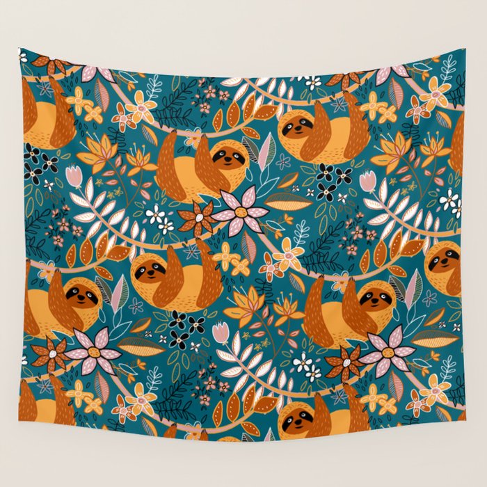 Happy Boho Sloth Floral Wall Tapestry Gallery Image 4