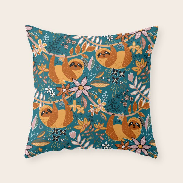 Happy Boho Sloth Floral Throw Pillow Gallery Image 6