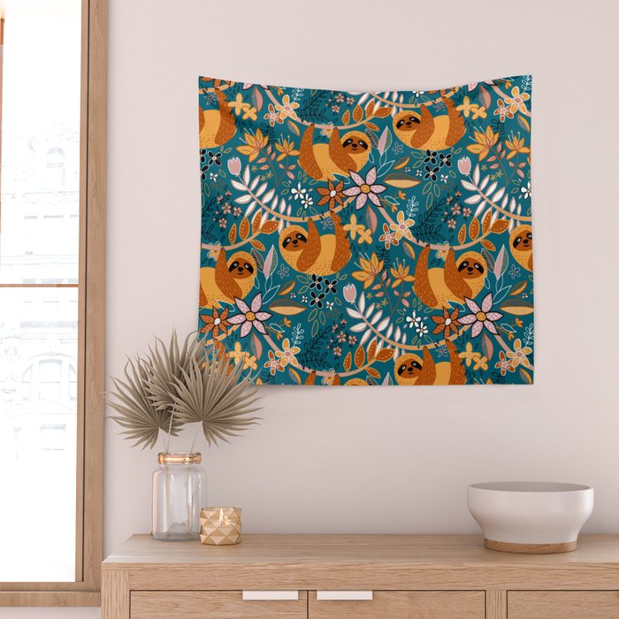 Happy Boho Sloth Floral Wall Tapestry Gallery Image 2
