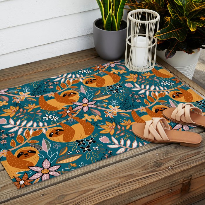 Happy Boho Sloth Floral Outdoor Rug Gallery Image 2