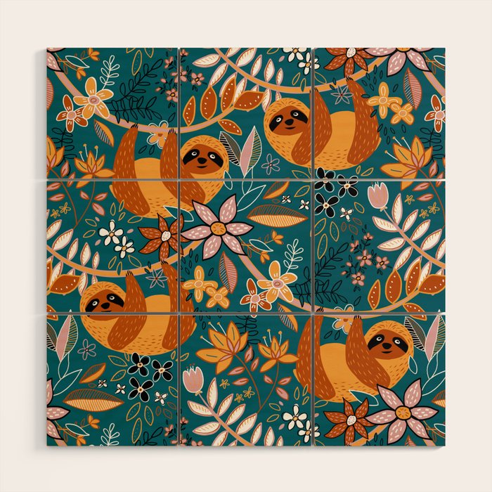 Happy Boho Sloth Floral Wood Wall Art Gallery Image 1