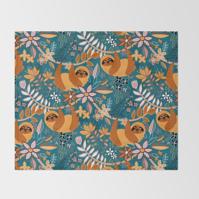 Happy Boho Sloth Floral Throw Blanket Gallery Image 2