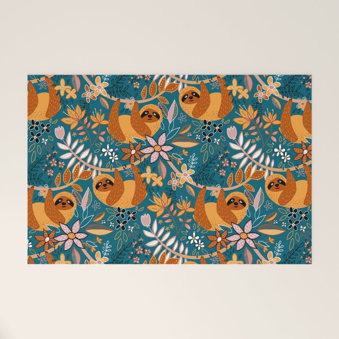 Happy Boho Sloth Floral Welcome Mat Gallery Image 1