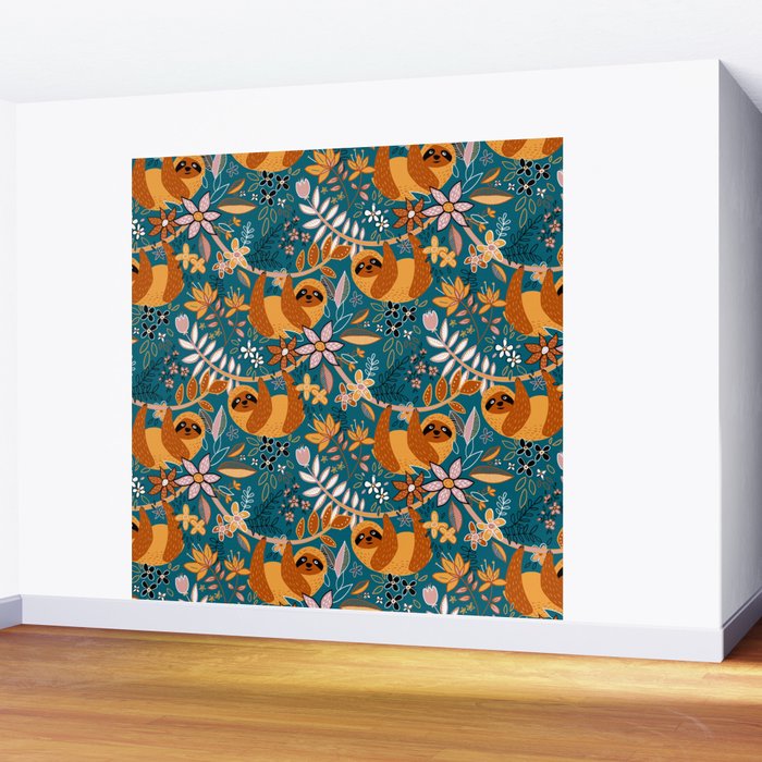 Happy Boho Sloth Floral Wall Mural Gallery Image 2