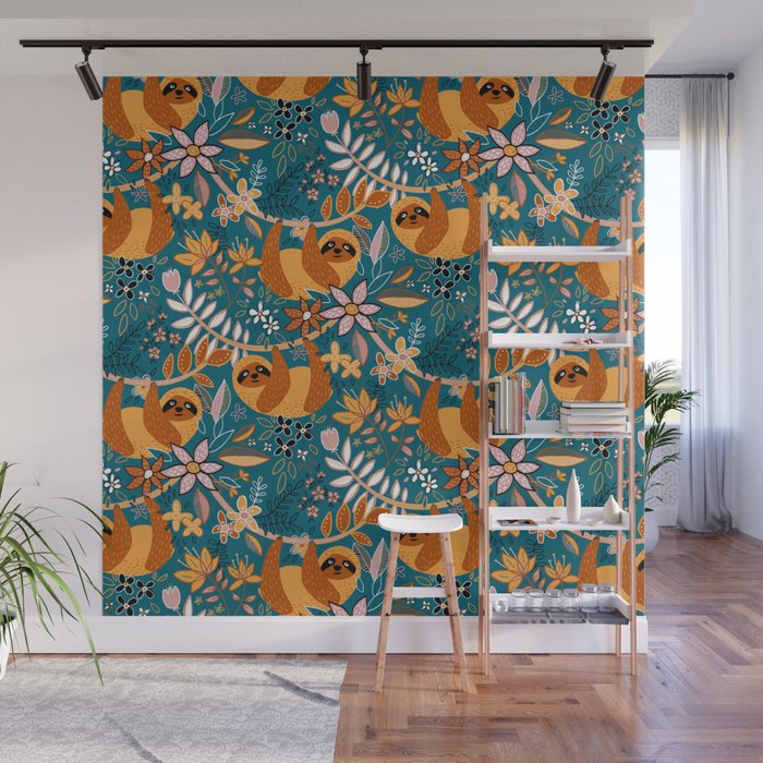 Happy Boho Sloth Floral Wall Mural Gallery Image 1