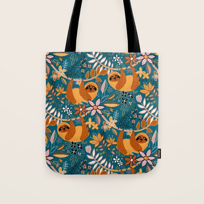 Happy Boho Sloth Floral Tote Bag Gallery Image 1