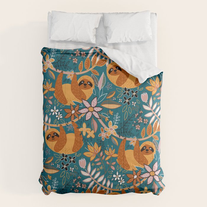 Happy Boho Sloth Floral Comforter Gallery Image 6