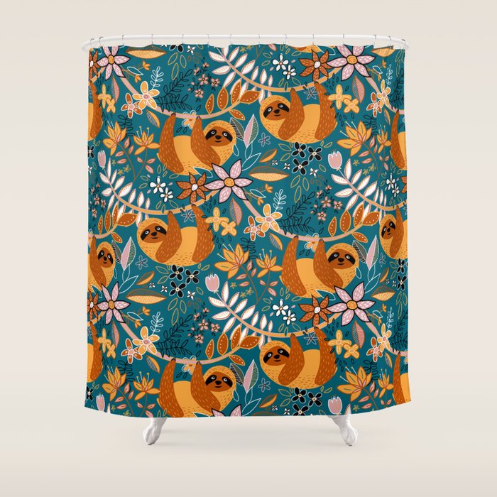 Happy Boho Sloth Floral Shower Curtain Gallery Image 1