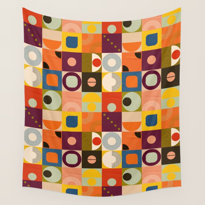 Vibrant Geometric Squares and Circles Pattern - Modern Craft Wall Tapestry Gallery Image 4
