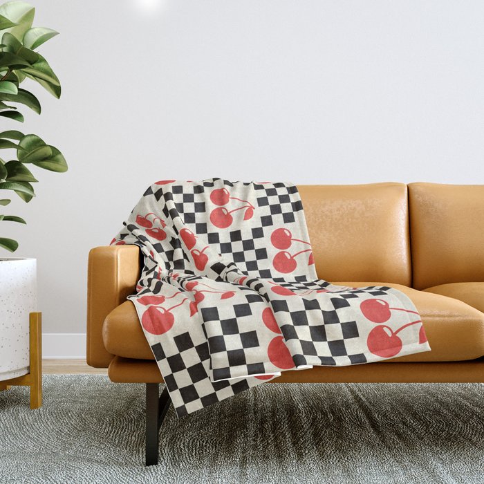 Red Cherries, Black & White Double Checker Throw Blanket Gallery Image 1