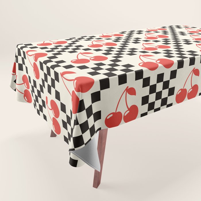Red Cherries, Black & White Double Checker Tablecloth Gallery Image 1