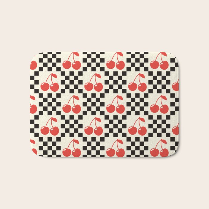 Red Cherries, Black & White Double Checker Bath Mat Gallery Image 1