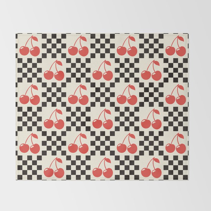 Red Cherries, Black & White Double Checker Throw Blanket
