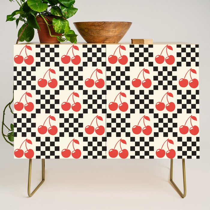 Red Cherries, Black & White Double Checker Credenza Gallery Image 1
