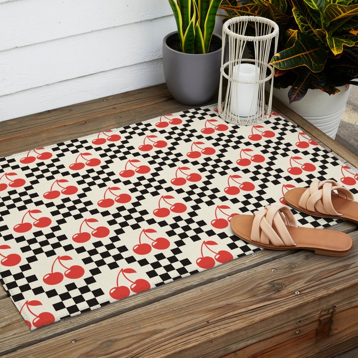Red Cherries, Black & White Double Checker Outdoor Rug Gallery Image 2