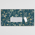 Leaves, Teal and Gold, Floral Artwork Print Desk Mat Gallery Image 1