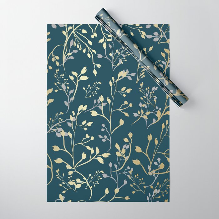 Leaves, Teal and Gold, Floral Artwork Print Wrapping Paper Gallery Image 1