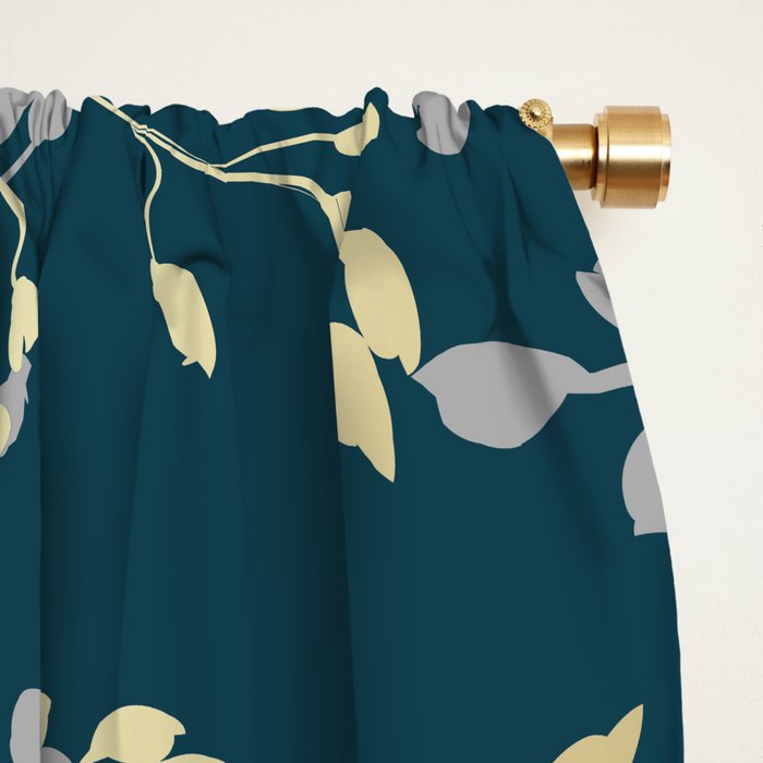 Leaves, Teal and Gold, Floral Artwork Print Window Curtain Gallery Image 2