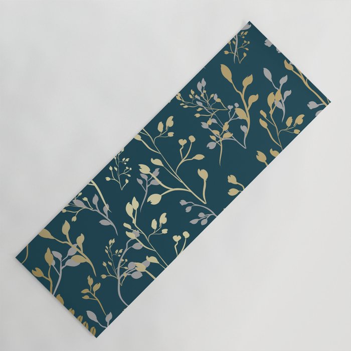 Leaves, Teal and Gold, Floral Artwork Print Yoga Mat Gallery Image 1