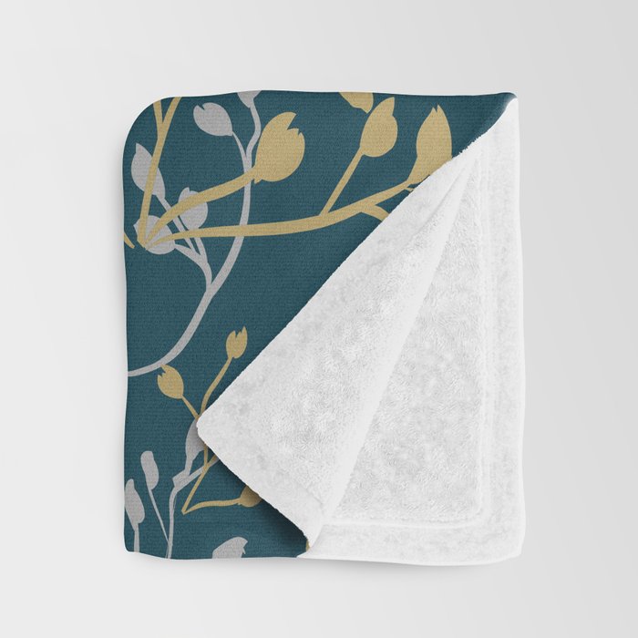 Leaves, Teal and Gold, Floral Artwork Print Throw Blanket Gallery Image 3
