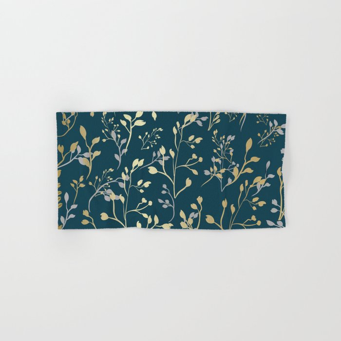 Leaves, Teal and Gold, Floral Artwork Print Bath Towel Gallery Image 1