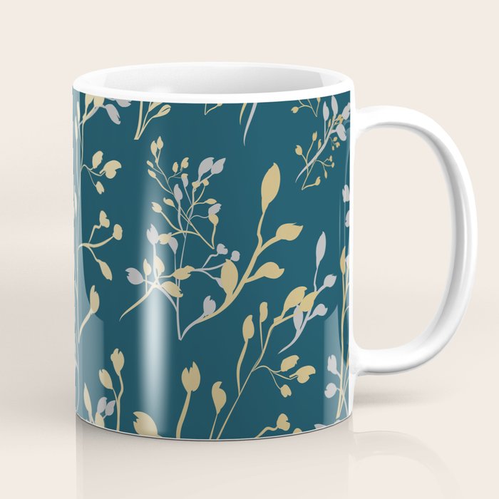 Leaves, Teal and Gold, Floral Artwork Print Coffee Mug Gallery Image 1