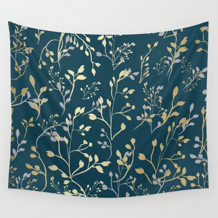 Leaves, Teal and Gold, Floral Artwork Print Wall Tapestry Gallery Image 4