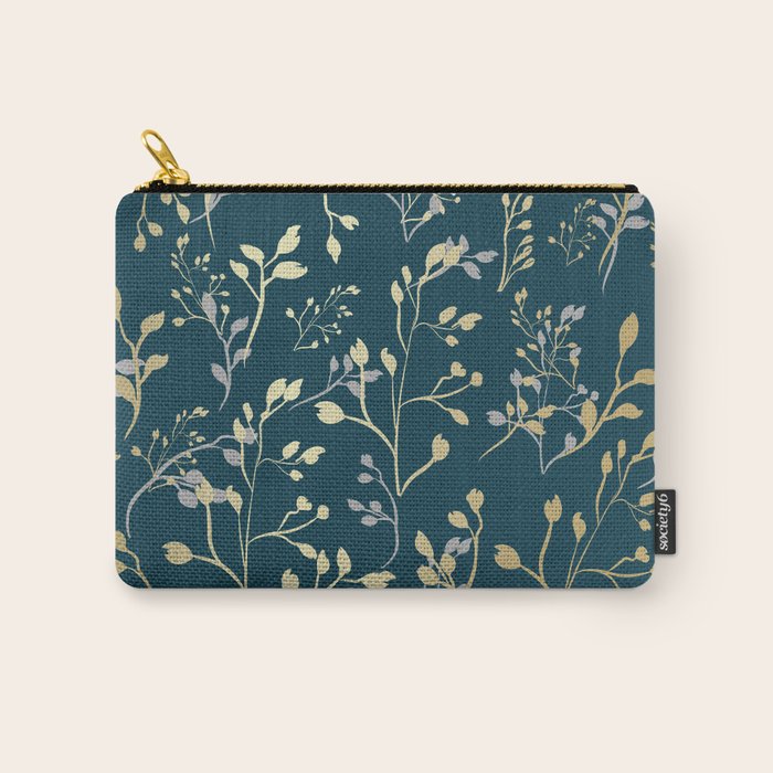Leaves, Teal and Gold, Floral Artwork Print Carry All Pouch Gallery Image 1