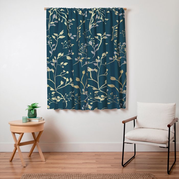 Leaves, Teal and Gold, Floral Artwork Print Window Curtain Gallery Image 3