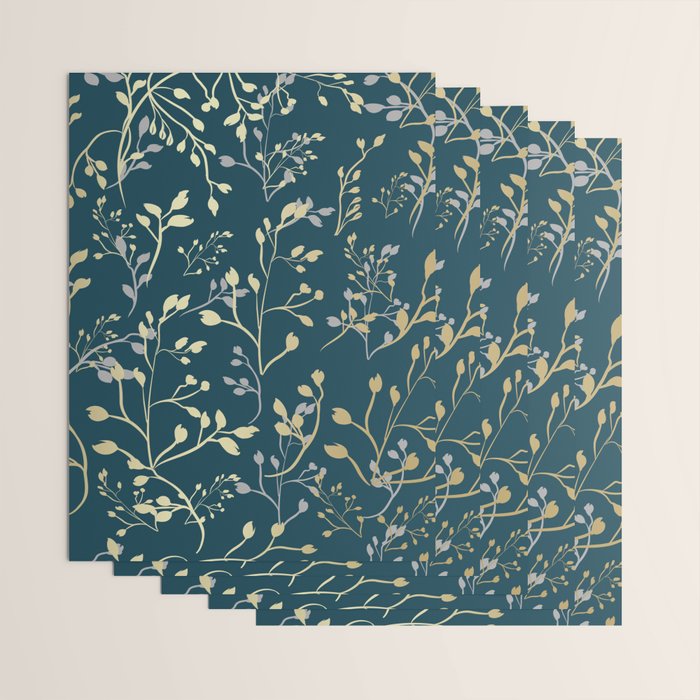 Leaves, Teal and Gold, Floral Artwork Print Wrapping Paper Gallery Image 3