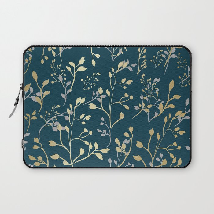 Leaves, Teal and Gold, Floral Artwork Print Laptop Sleeve Gallery Image 1