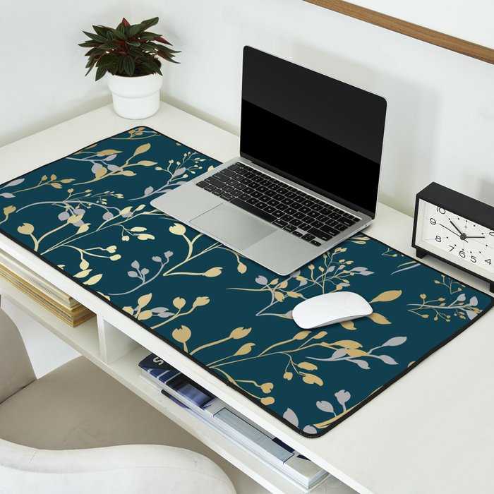Leaves, Teal and Gold, Floral Artwork Print Desk Mat Gallery Image 2