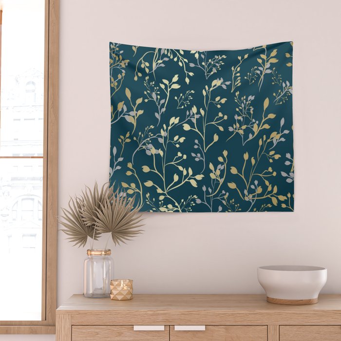 Leaves, Teal and Gold, Floral Artwork Print Wall Tapestry Gallery Image 2