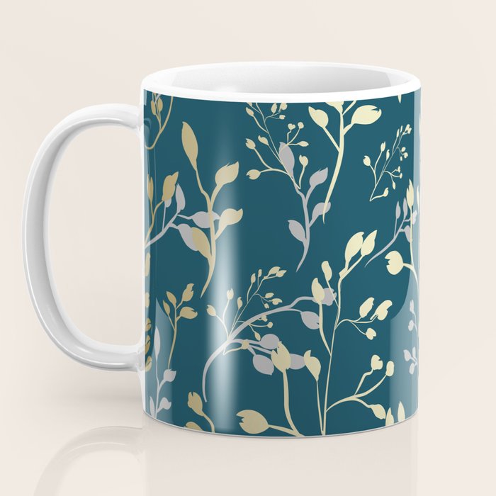 Leaves, Teal and Gold, Floral Artwork Print Coffee Mug Gallery Image 3