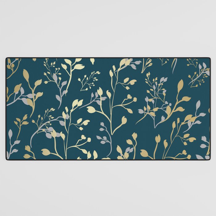 Leaves, Teal and Gold, Floral Artwork Print Desk Mat Gallery Image 3