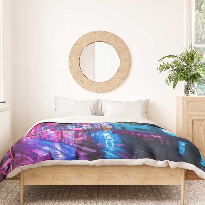 Post Apocalyptic Neon City Blues  - Tokyo Duvet Cover Gallery Image 3