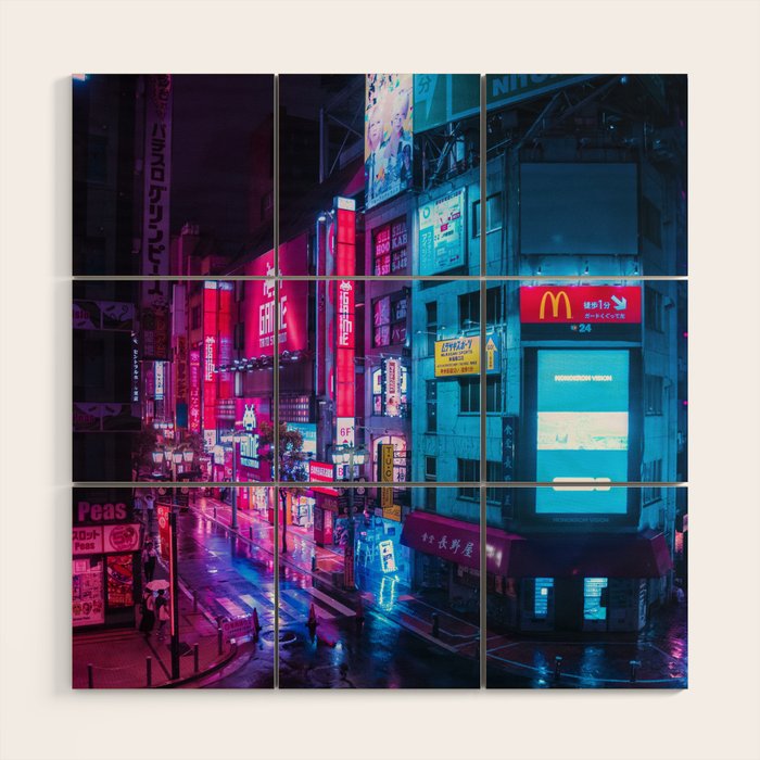 Post Apocalyptic Neon City Blues  - Tokyo Wood Wall Art Gallery Image 1