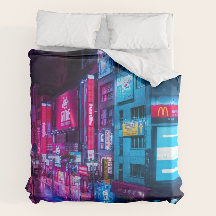 Post Apocalyptic Neon City Blues  - Tokyo Duvet Cover Gallery Image 2