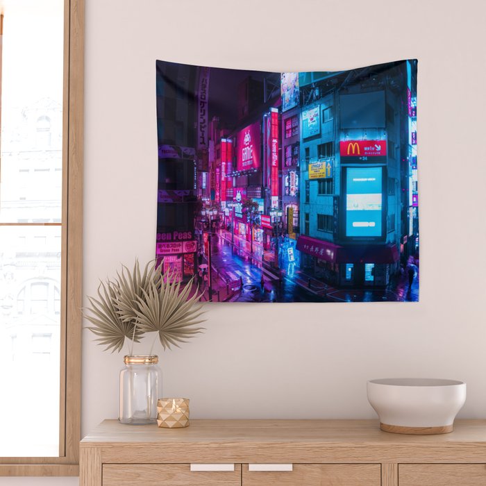 Post Apocalyptic Neon City Blues  - Tokyo Wall Tapestry Gallery Image 2