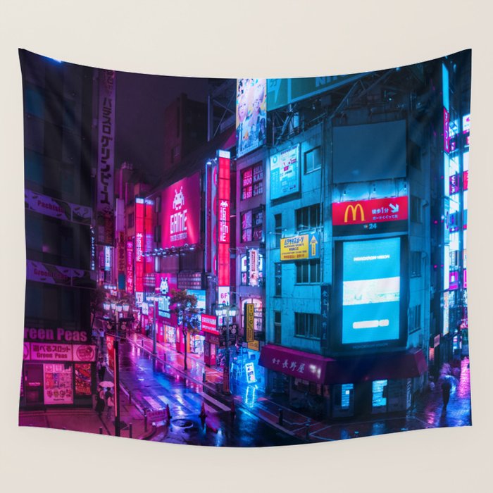 Post Apocalyptic Neon City Blues  - Tokyo Wall Tapestry Gallery Image 1