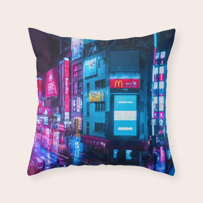 Post Apocalyptic Neon City Blues  - Tokyo Throw Pillow Gallery Image 1
