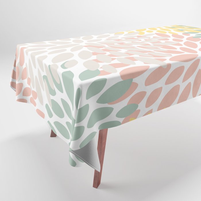 Festive, Abstract, Floral Prints, Coral, Green, Yellow Tablecloth Gallery Image 1