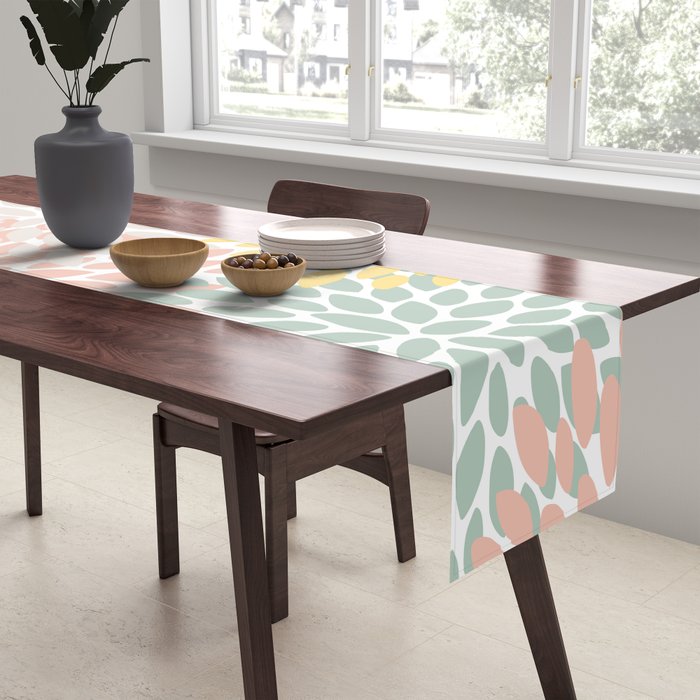 Festive, Abstract, Floral Prints, Coral, Green, Yellow Table Runner Gallery Image 2