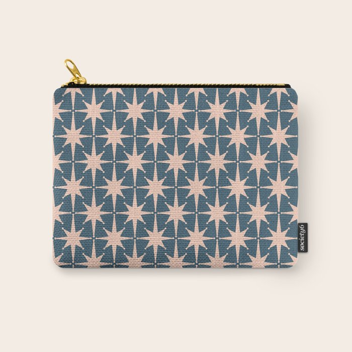 Mid Century Modern Atomic Stars Pattern in Steel Teal Blue and Pale Blush Pink Carry All Pouch Gallery Image 1