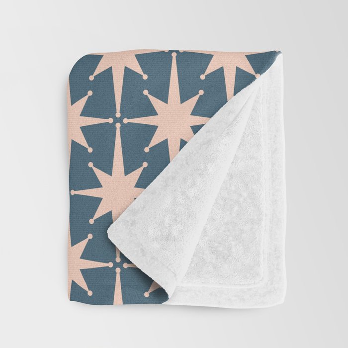 Mid Century Modern Atomic Stars Pattern in Steel Teal Blue and Pale Blush Pink Throw Blanket Gallery Image 3