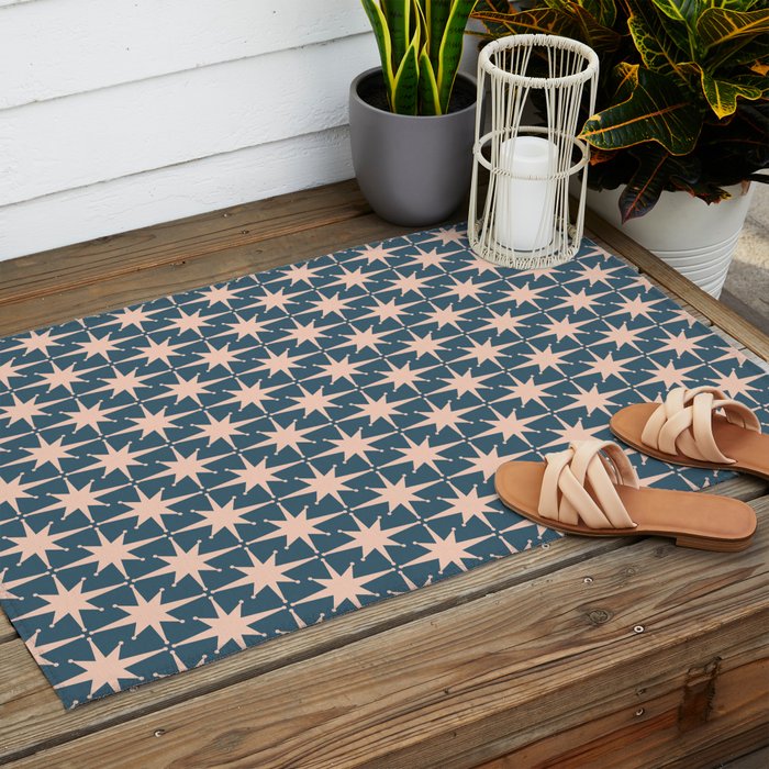 Mid Century Modern Atomic Stars Pattern in Steel Teal Blue and Pale Blush Pink Outdoor Rug Gallery Image 2