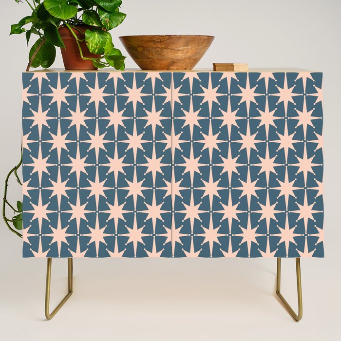 Mid Century Modern Atomic Stars Pattern in Steel Teal Blue and Pale Blush Pink Credenza Gallery Image 1