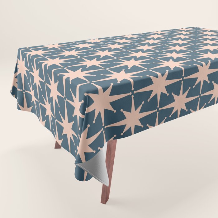 Mid Century Modern Atomic Stars Pattern in Steel Teal Blue and Pale Blush Pink Tablecloth Gallery Image 1